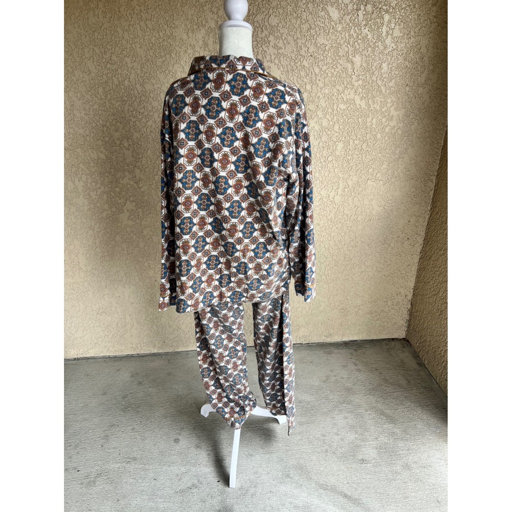 Vintage Gaddi 70s Pajama Set XL Boho Geometric Pattern Balloon Pants Blue Brown - Picture 9 of 16
